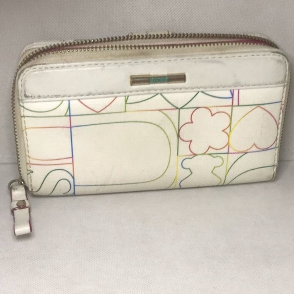 TOUS Zippy Wallet Saffiano Leather Logo Print Clutch Organizer Bag White Bag Zip